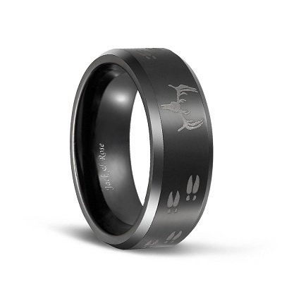 Laser Etched Deer Head Scene Black Mens Tungsten Hunting Rings